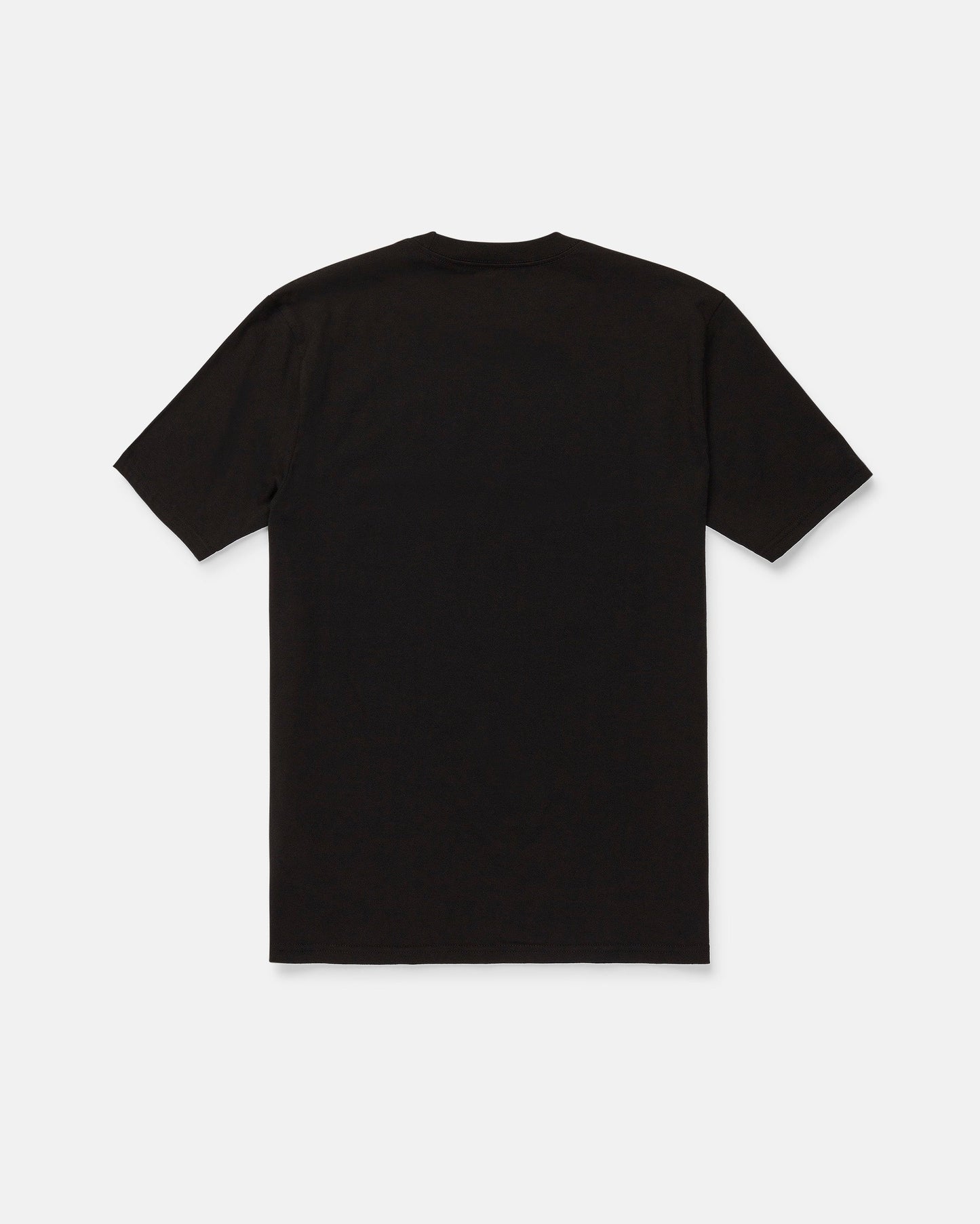 The Volcom Men's Speeder Short Sleeve Tee, shown in a classic fit with short sleeves and a plain black design, is laid flat on a white background and displayed from the back.