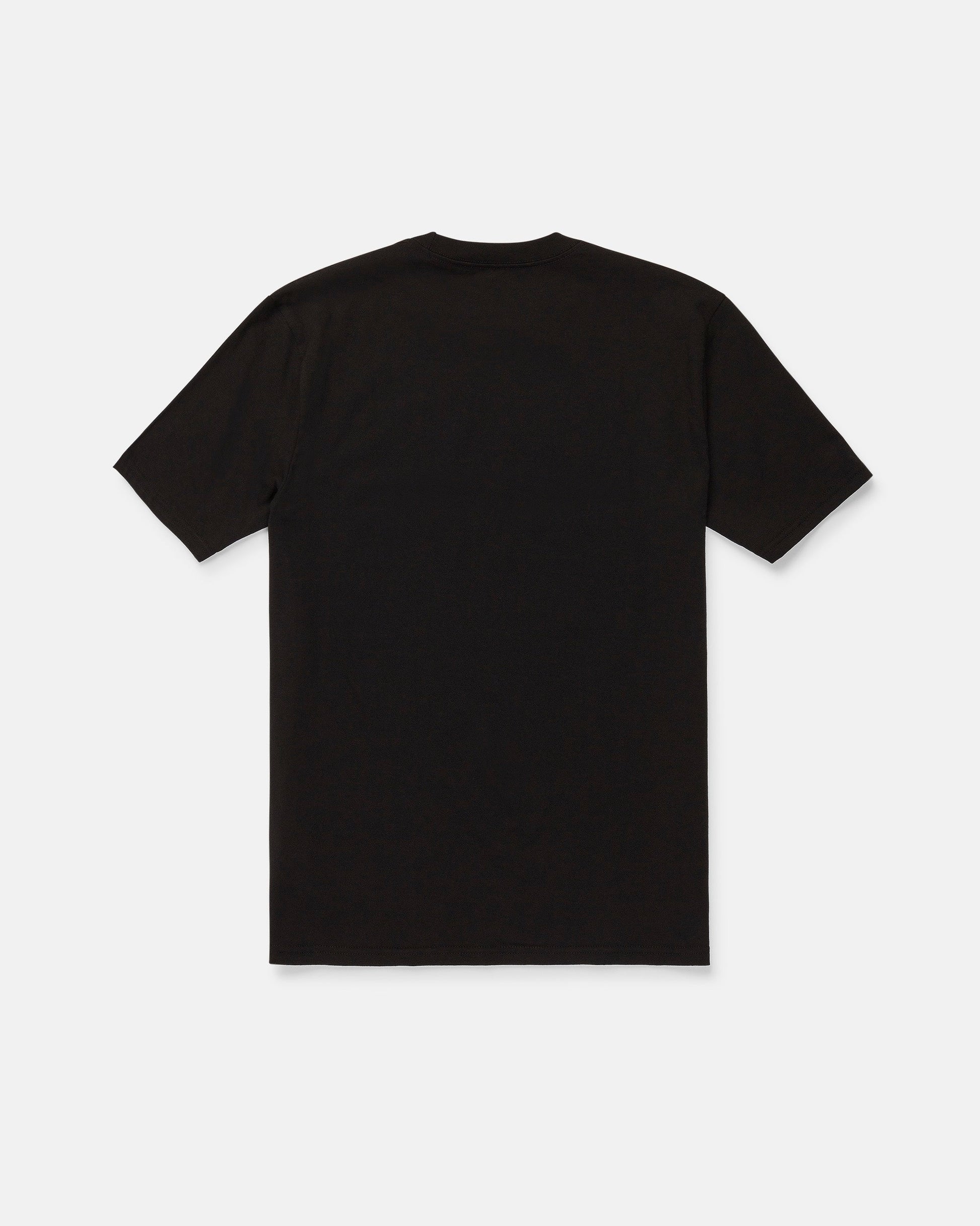 The Volcom Men's Speeder Short Sleeve Tee, shown in a classic fit with short sleeves and a plain black design, is laid flat on a white background and displayed from the back.