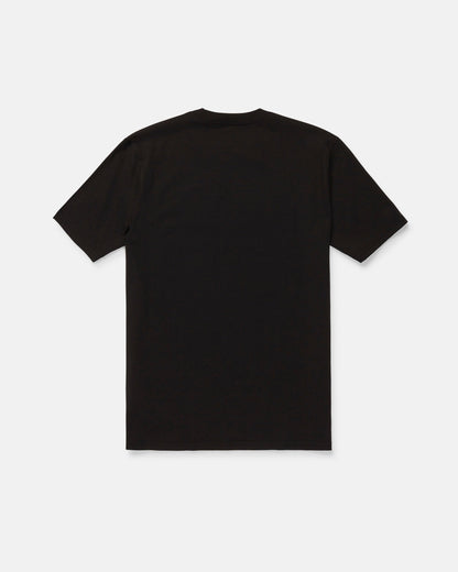 The Volcom Men's Speeder Short Sleeve Tee, shown in a classic fit with short sleeves and a plain black design, is laid flat on a white background and displayed from the back.