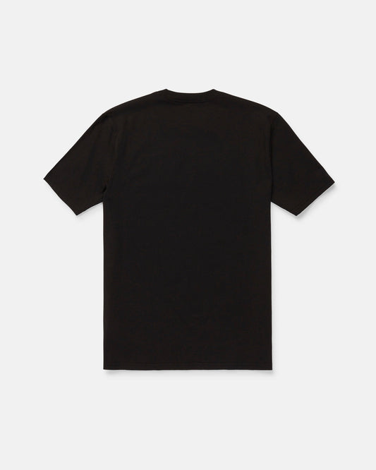 The Volcom Men's Speeder Short Sleeve Tee, shown in a classic fit with short sleeves and a plain black design, is laid flat on a white background and displayed from the back.
