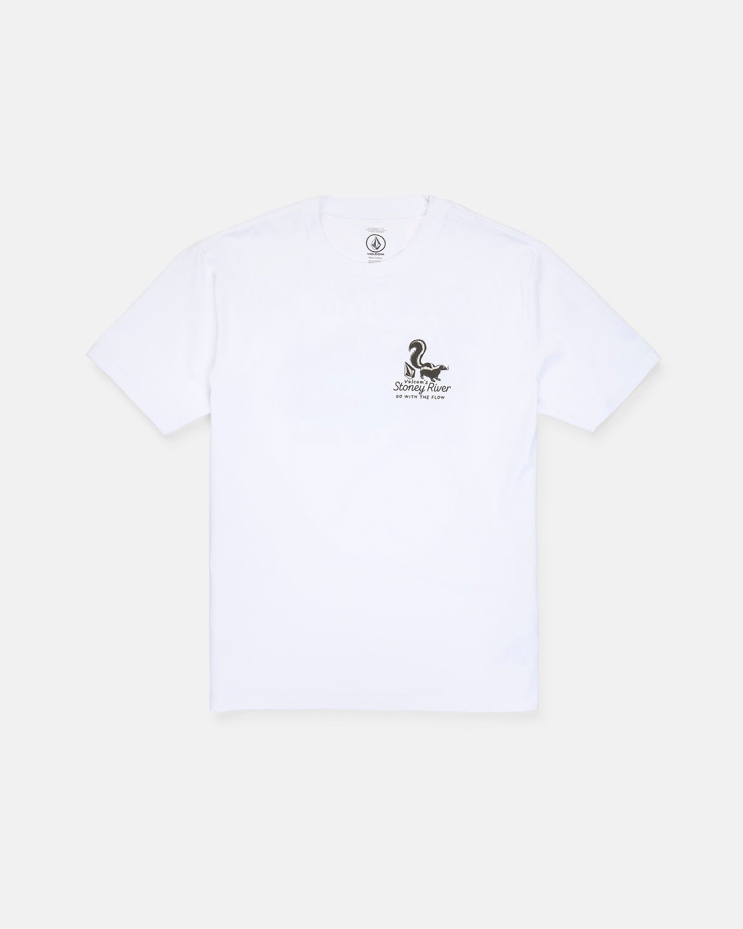 The Volcom Men's Stoney River Short Sleeve Tee is a white heavyweight t-shirt crafted from premium ring spun cotton. Featuring a soft-hand screen print, it displays a small black snake graphic and the text "NO SNAKES ALLOWED" on the left chest. The shirt is shown laid flat against a plain white background.