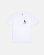 The Volcom Men's Stoney River Short Sleeve Tee is a white heavyweight t-shirt crafted from premium ring spun cotton. Featuring a soft-hand screen print, it displays a small black snake graphic and the text "NO SNAKES ALLOWED" on the left chest. The shirt is shown laid flat against a plain white background.