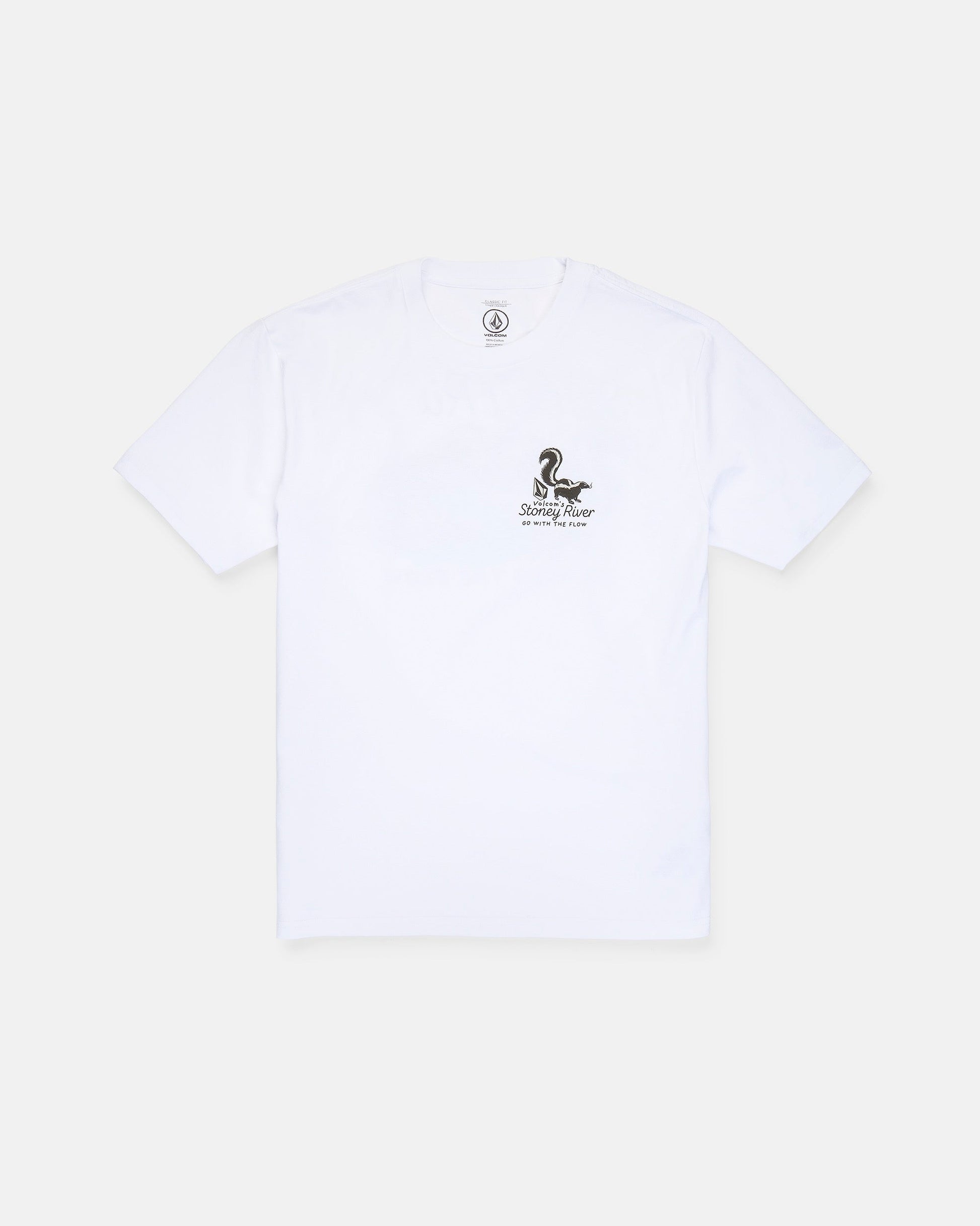 The Volcom Men's Stoney River Short Sleeve Tee is a white heavyweight t-shirt crafted from premium ring spun cotton. Featuring a soft-hand screen print, it displays a small black snake graphic and the text "NO SNAKES ALLOWED" on the left chest. The shirt is shown laid flat against a plain white background.