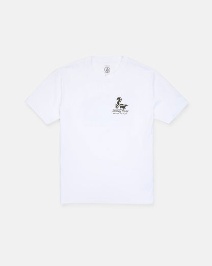 The Volcom Men's Stoney River Short Sleeve Tee is a white heavyweight t-shirt crafted from premium ring spun cotton. Featuring a soft-hand screen print, it displays a small black snake graphic and the text "NO SNAKES ALLOWED" on the left chest. The shirt is shown laid flat against a plain white background.
