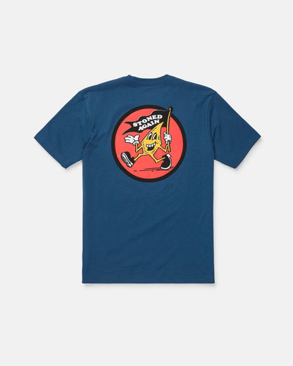 Introducing the Volcom Men's Stoneyguy Short Sleeve Tee—a classic fit t-shirt made from premium cotton for all-day comfort. Featuring a playful blue design with a cartoon banana character inside a red circle, decked out in sunglasses, gloves, sneakers, and sporting a big smile with the words “STONED AGAIN” above. The vibrant graphics are rendered in a soft-hand screen print for lasting style and quality.