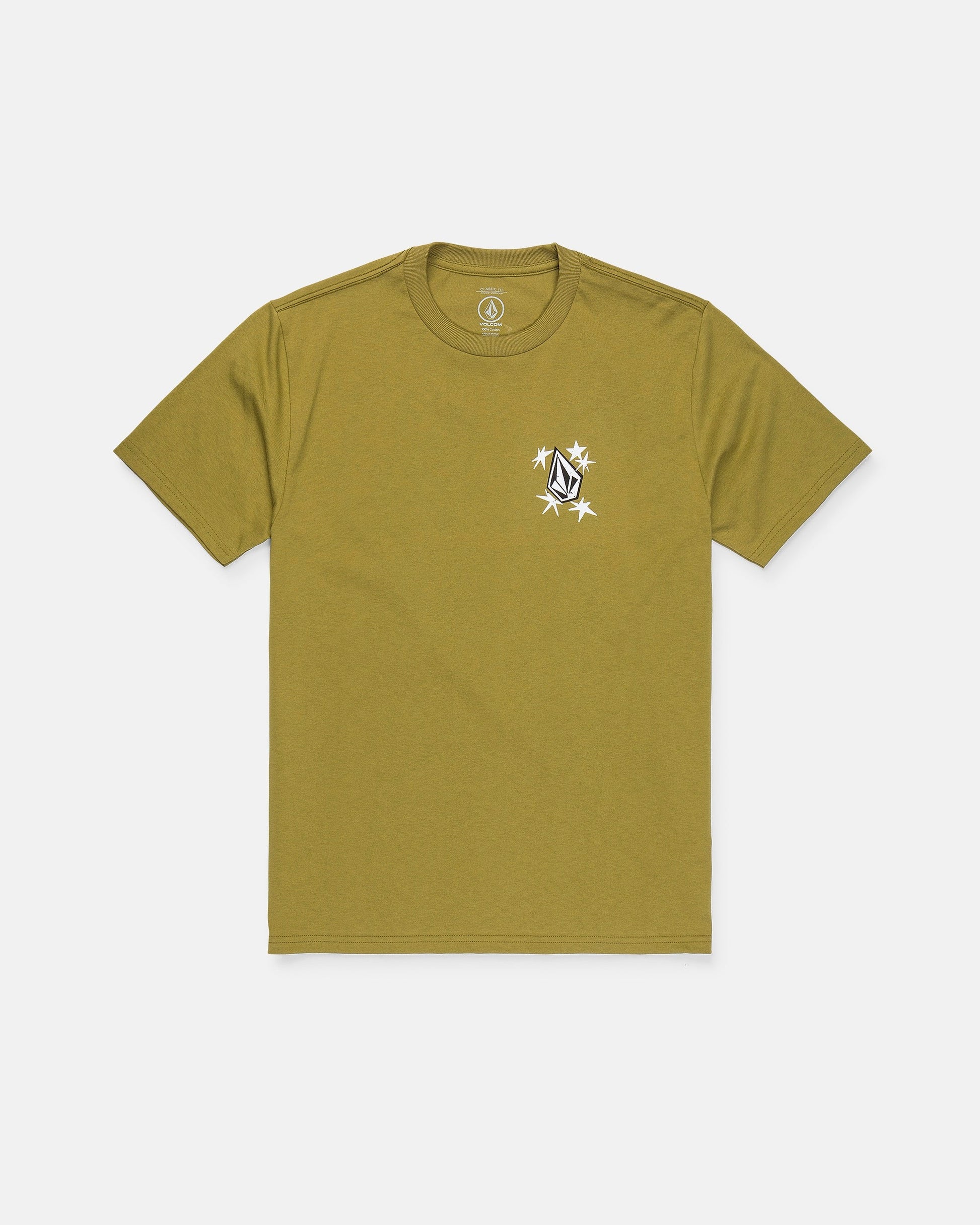 The Volcom Men's Alive We Ride Short Sleeve Tee in olive green is crafted from heavyweight premium cotton and features a small white and black graphic logo with a soft-hand screen print on the left chest. This classic men’s t-shirt is shown laid flat on a white background.