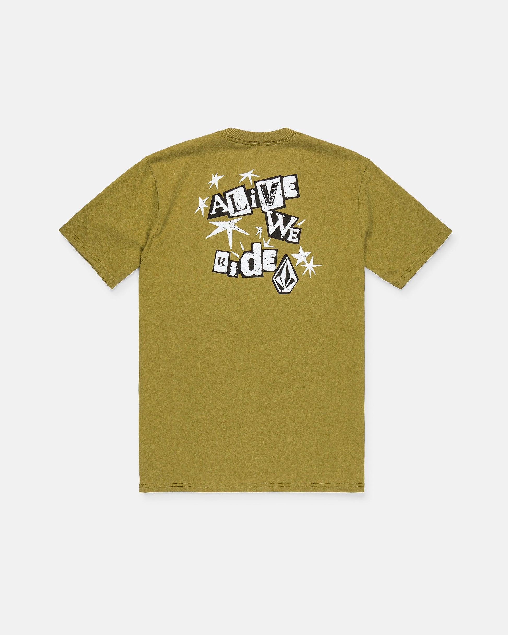 Introducing the Volcom Men's Alive We Ride Short Sleeve Tee—an olive green t-shirt expertly crafted from heavyweight premium cotton. This classic men's tee features a soft-hand screen print for enduring comfort, with “ALIVE WE RIDE” and a striking geometric logo in black and white on the back, surrounded by dynamic white starburst designs for bold style.