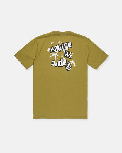 Introducing the Volcom Men's Alive We Ride Short Sleeve Tee—an olive green t-shirt expertly crafted from heavyweight premium cotton. This classic men's tee features a soft-hand screen print for enduring comfort, with “ALIVE WE RIDE” and a striking geometric logo in black and white on the back, surrounded by dynamic white starburst designs for bold style.