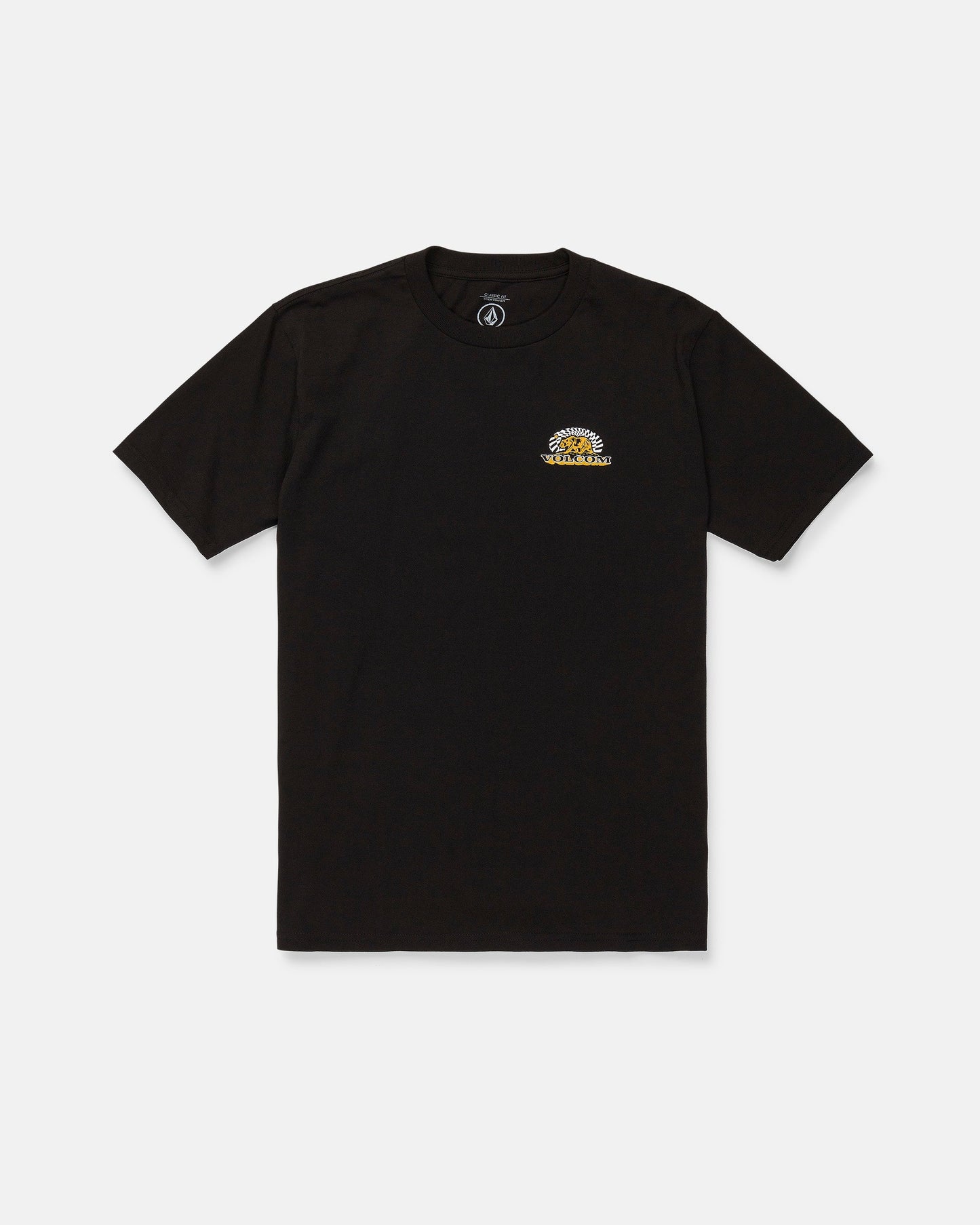 The Men's Golden Bear Short Sleeve Tee by Volcom is a black, heavyweight cotton t-shirt featuring a small yellow and white Volcom Stone graphic with text on the left chest, shown laid flat on a white background.