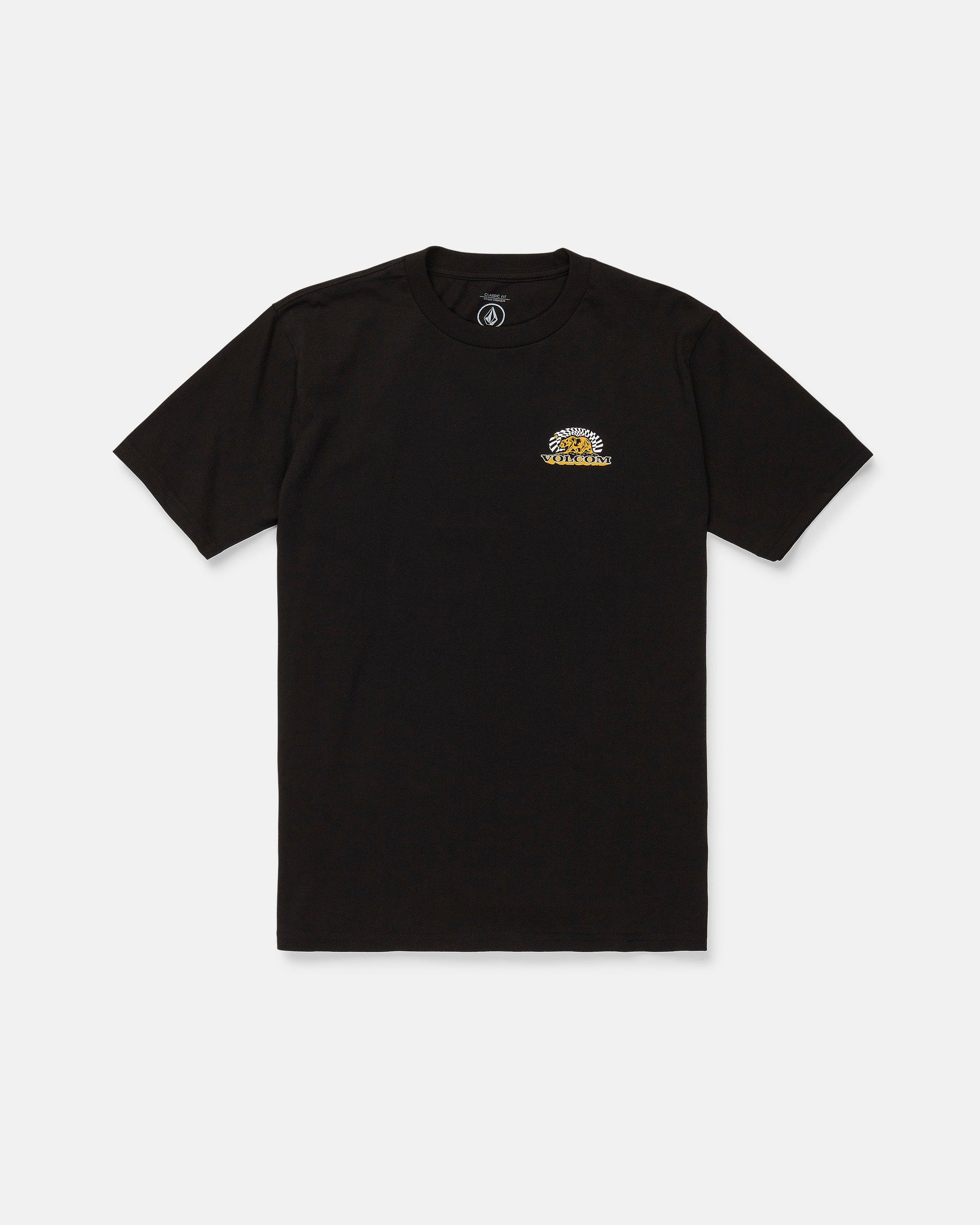 The Men's Golden Bear Short Sleeve Tee by Volcom is a black, heavyweight cotton t-shirt featuring a small yellow and white Volcom Stone graphic with text on the left chest, shown laid flat on a white background.