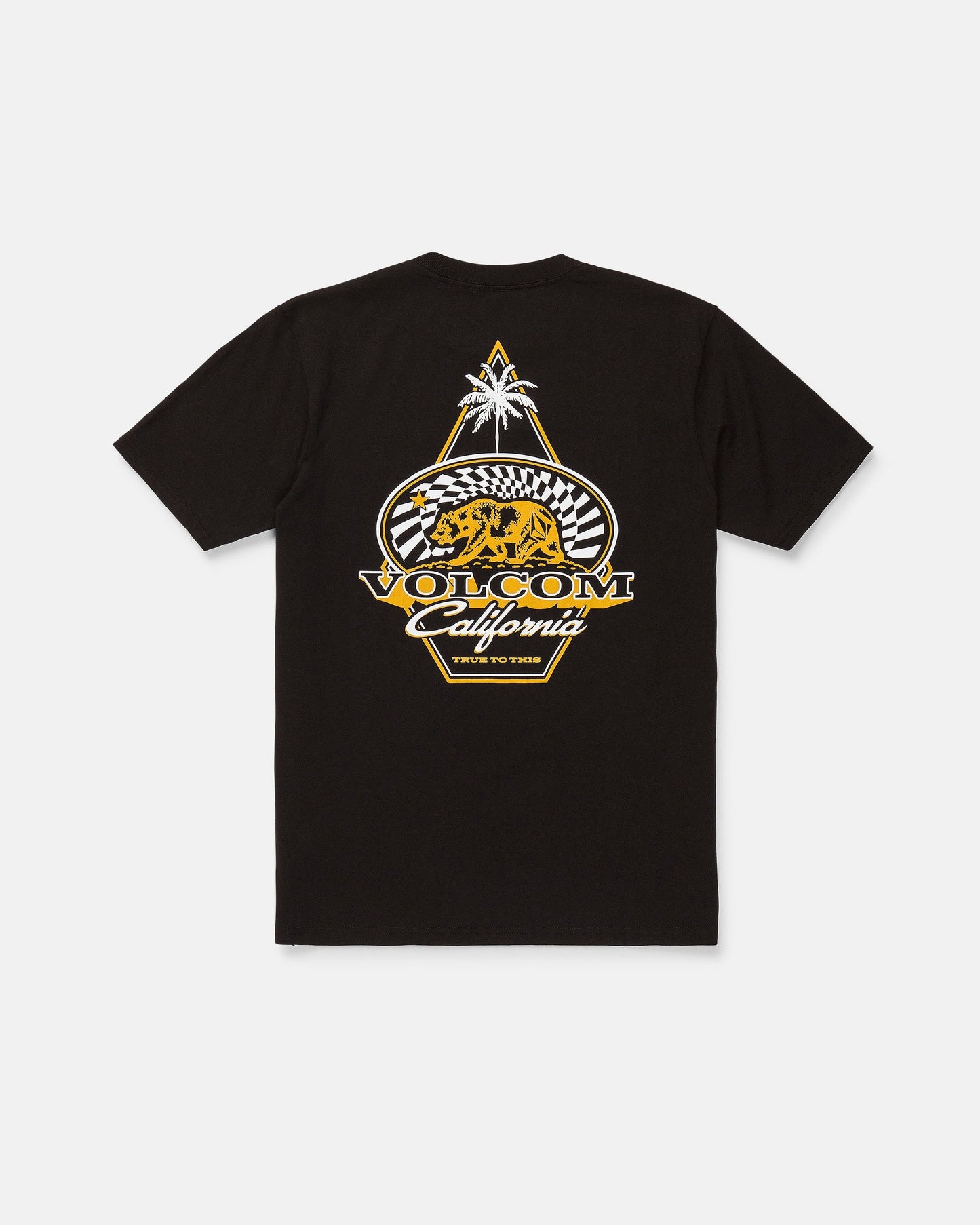 The Men's Golden Bear Short Sleeve Tee by Volcom features a black design with a graphic on the back showcasing a palm tree, checkered pattern, and yellow bear—a tribute to the iconic Golden Bear tee. Bold white and yellow “VOLCOM California” text completes the look. Made from heavyweight cotton for lasting comfort, this classic tee brings signature Volcom Stone attitude to your everyday style.