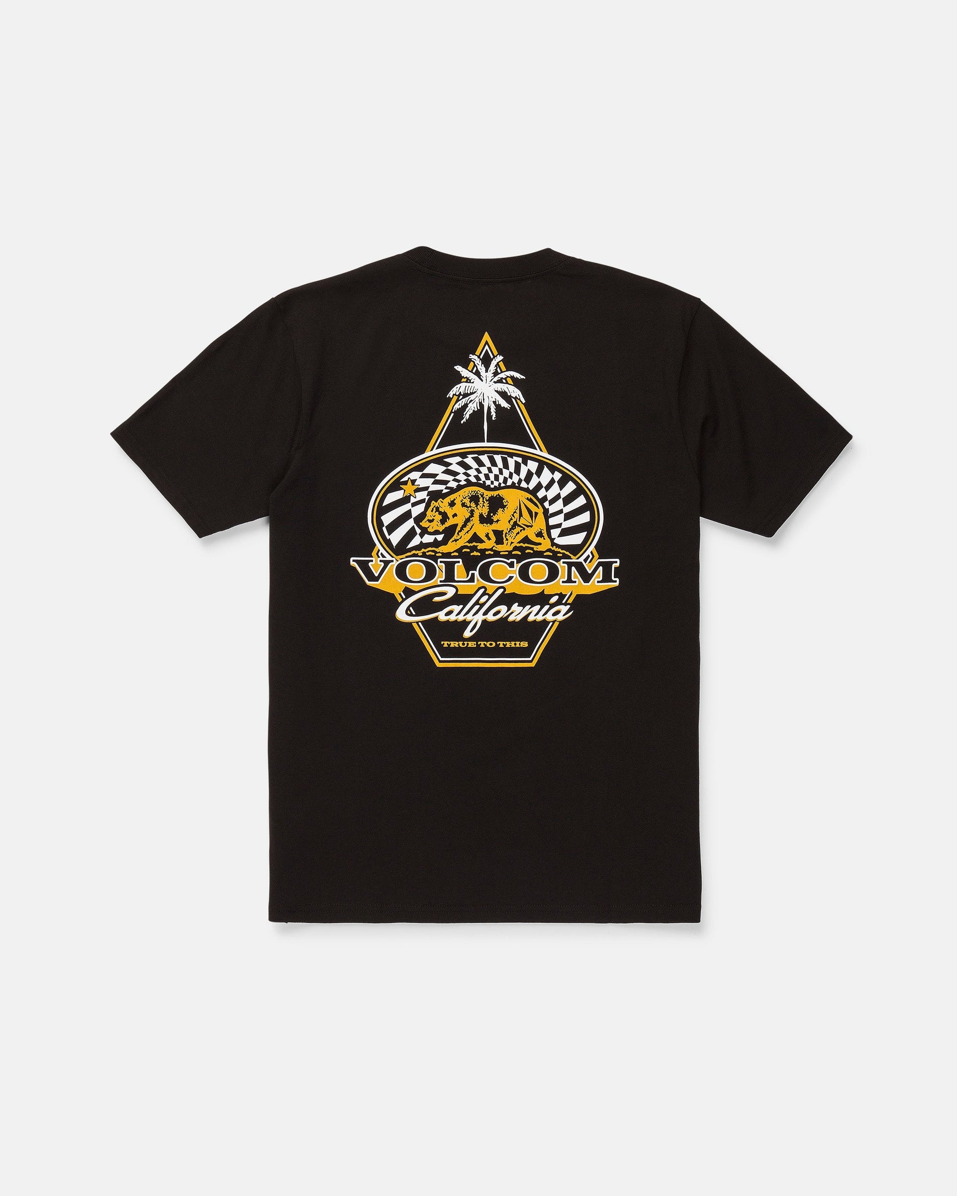 The Men's Golden Bear Short Sleeve Tee by Volcom features a black design with a graphic on the back showcasing a palm tree, checkered pattern, and yellow bear—a tribute to the iconic Golden Bear tee. Bold white and yellow “VOLCOM California” text completes the look. Made from heavyweight cotton for lasting comfort, this classic tee brings signature Volcom Stone attitude to your everyday style.