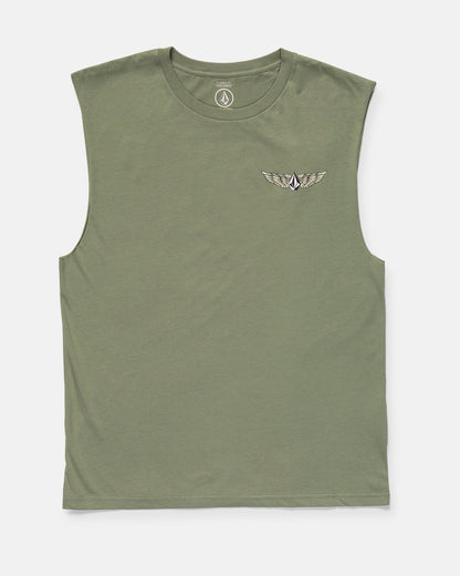 The Volcom Men's Hi Flyer Sleeveless is an olive green, classic fit t-shirt made from 100% cotton. It features a small embroidered winged emblem and drop logo on the left chest with a crew neckline and no other visible patterns.