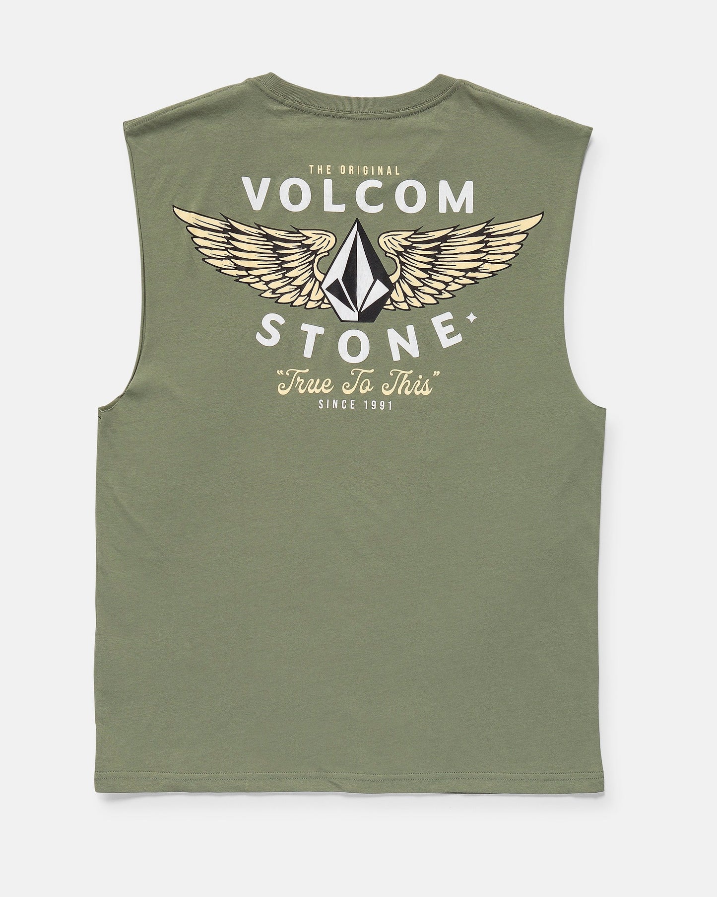 Back view of Volcom Men's Hi Flyer Sleeveless shirt in olive green, classic fit, with “Volcom Stone” text, winged geometric logo, and “The Original” plus “True To This Since 1991” printed in white and beige.