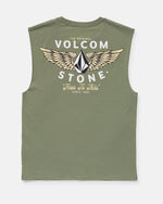 Back view of Volcom Men's Hi Flyer Sleeveless shirt in olive green, classic fit, with “Volcom Stone” text, winged geometric logo, and “The Original” plus “True To This Since 1991” printed in white and beige.