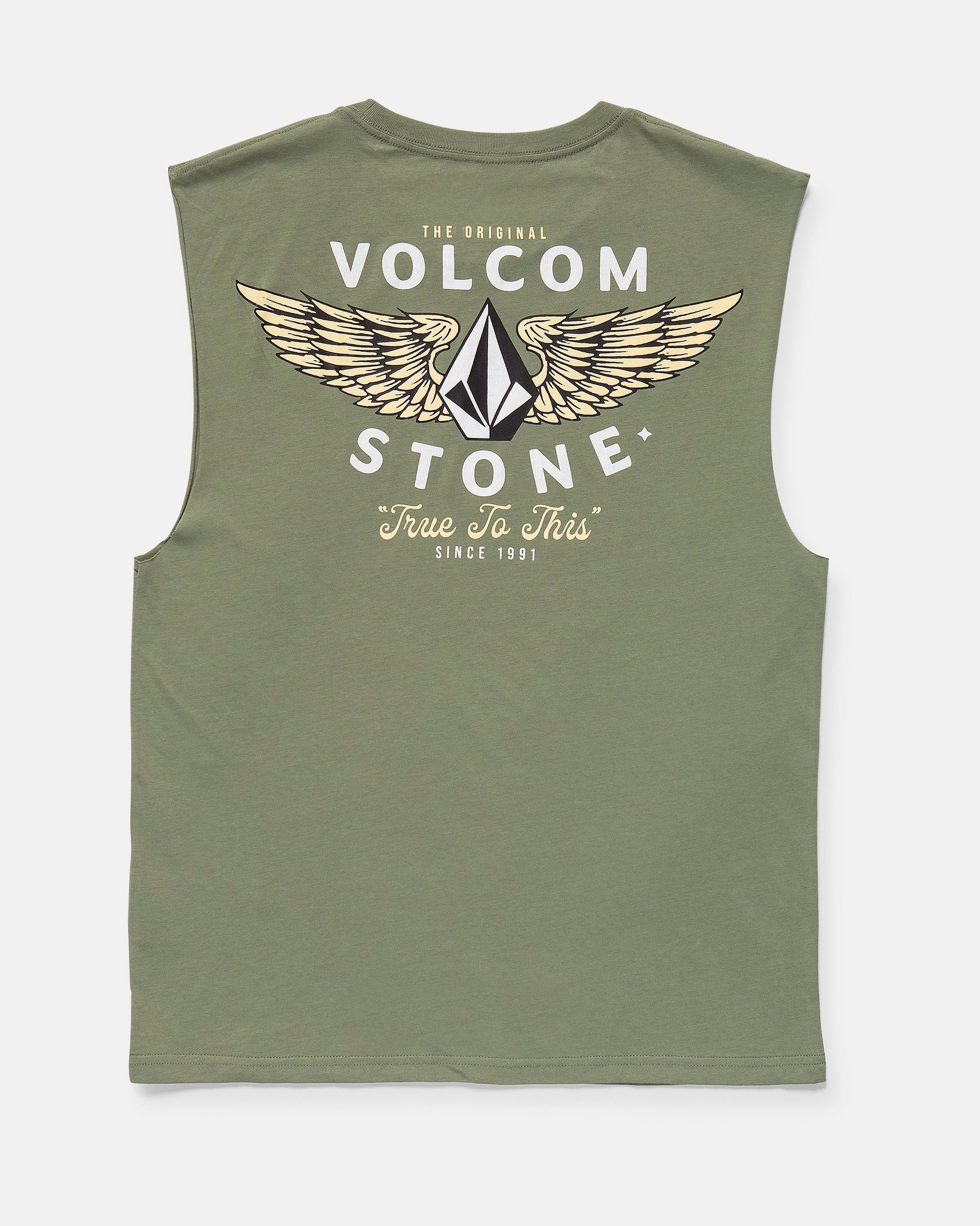 Back view of Volcom Men's Hi Flyer Sleeveless shirt in olive green, classic fit, with “Volcom Stone” text, winged geometric logo, and “The Original” plus “True To This Since 1991” printed in white and beige.