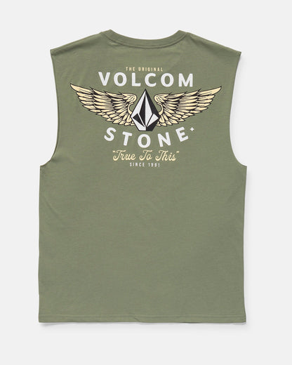 Back view of Volcom Men's Hi Flyer Sleeveless shirt in olive green, classic fit, with “Volcom Stone” text, winged geometric logo, and “The Original” plus “True To This Since 1991” printed in white and beige.