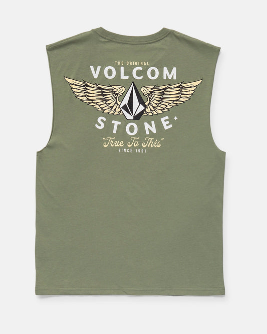 Back view of Volcom Men's Hi Flyer Sleeveless shirt in olive green, classic fit, with “Volcom Stone” text, winged geometric logo, and “The Original” plus “True To This Since 1991” printed in white and beige.