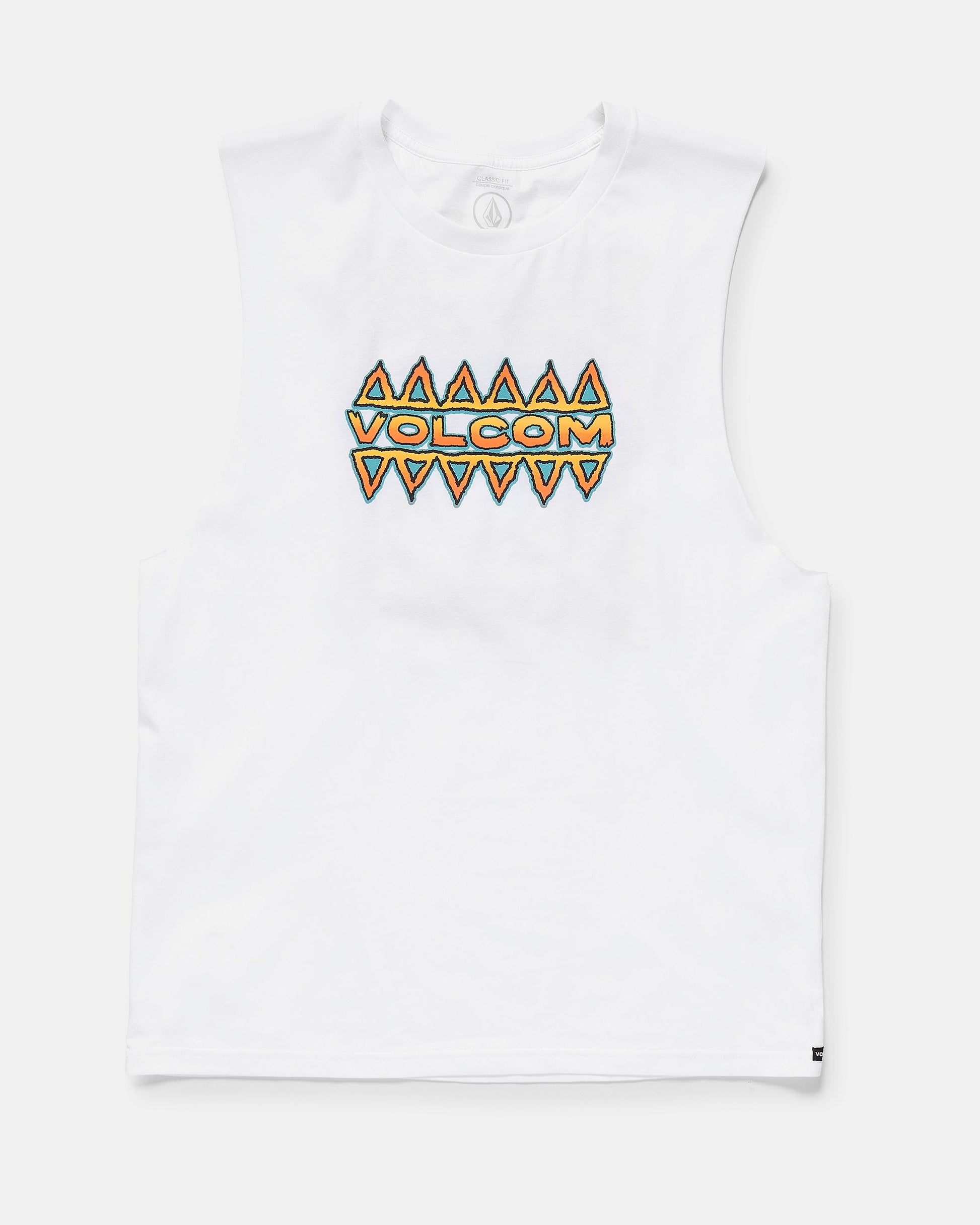 White sleeveless shirt with Volcom logo on a white background