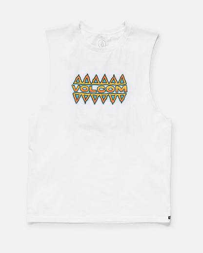 White sleeveless shirt with Volcom logo on a white background