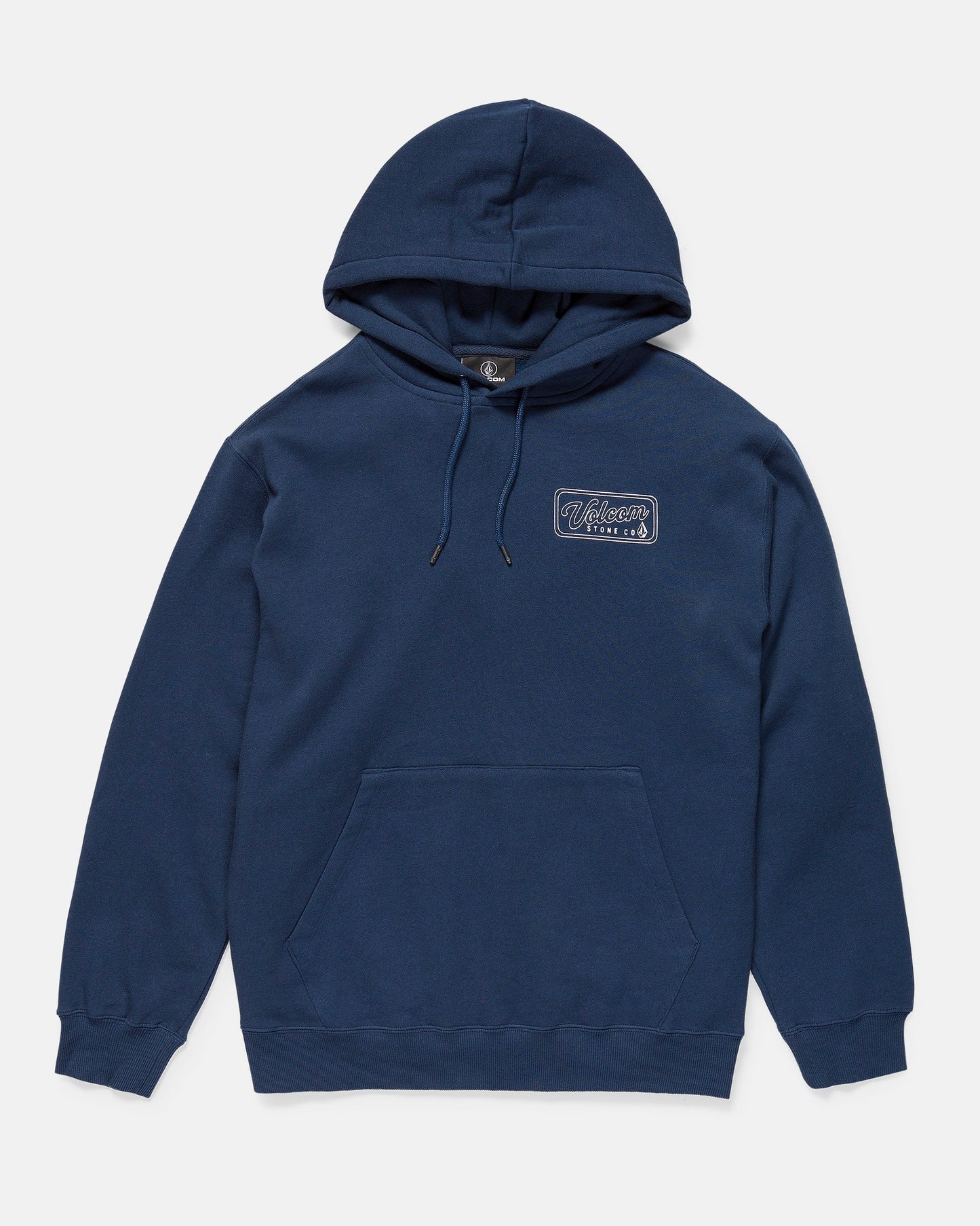 The Men's Stone Coast Pullover by Volcom is a navy blue hoodie with a front pocket, drawstrings, and brushed fleece with recycled polyester. It features a small "Vikings Athletic" logo embroidered on the left chest. Laid flat on a white background.