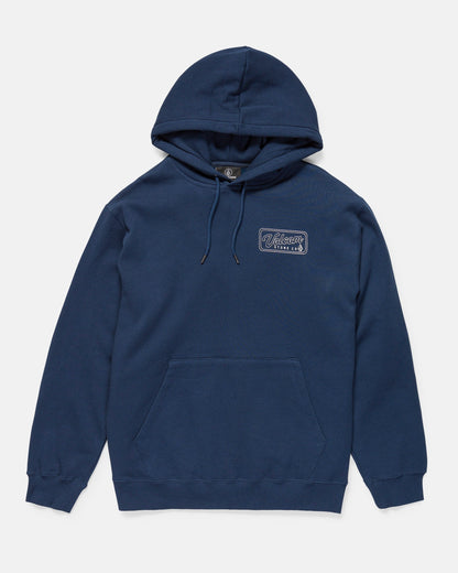 The Men's Stone Coast Pullover by Volcom is a navy blue hoodie with a front pocket, drawstrings, and brushed fleece with recycled polyester. It features a small "Vikings Athletic" logo embroidered on the left chest. Laid flat on a white background.