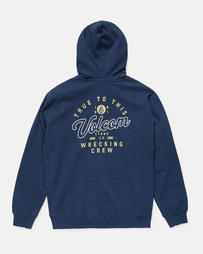 Navy hoodie with Volcom branding on the back against a light gray background