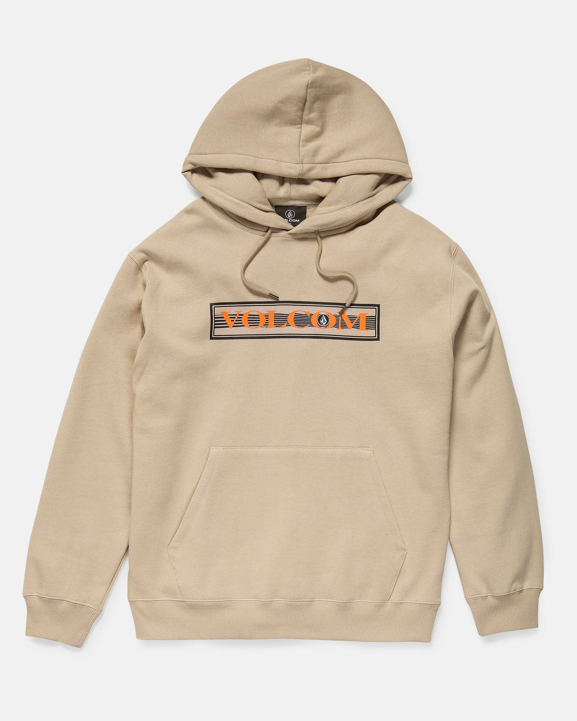 The Men's Stone Coast Pullover by Volcom is a beige hooded sweatshirt made with brushed fleece and REPREVE recycled polyester, featuring a front pouch pocket and orange-and-black branding on the chest, shown on a white background.
