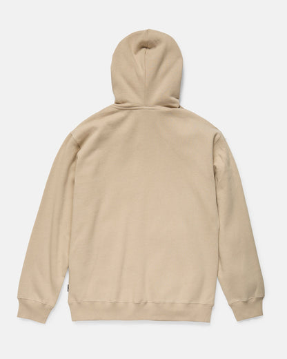 The Volcom Men's Stone Coast Pullover, shown flat from the back, features soft brushed fleece with ribbed cuffs and hem, made of REPREVE recycled polyester, displayed on a plain white background.