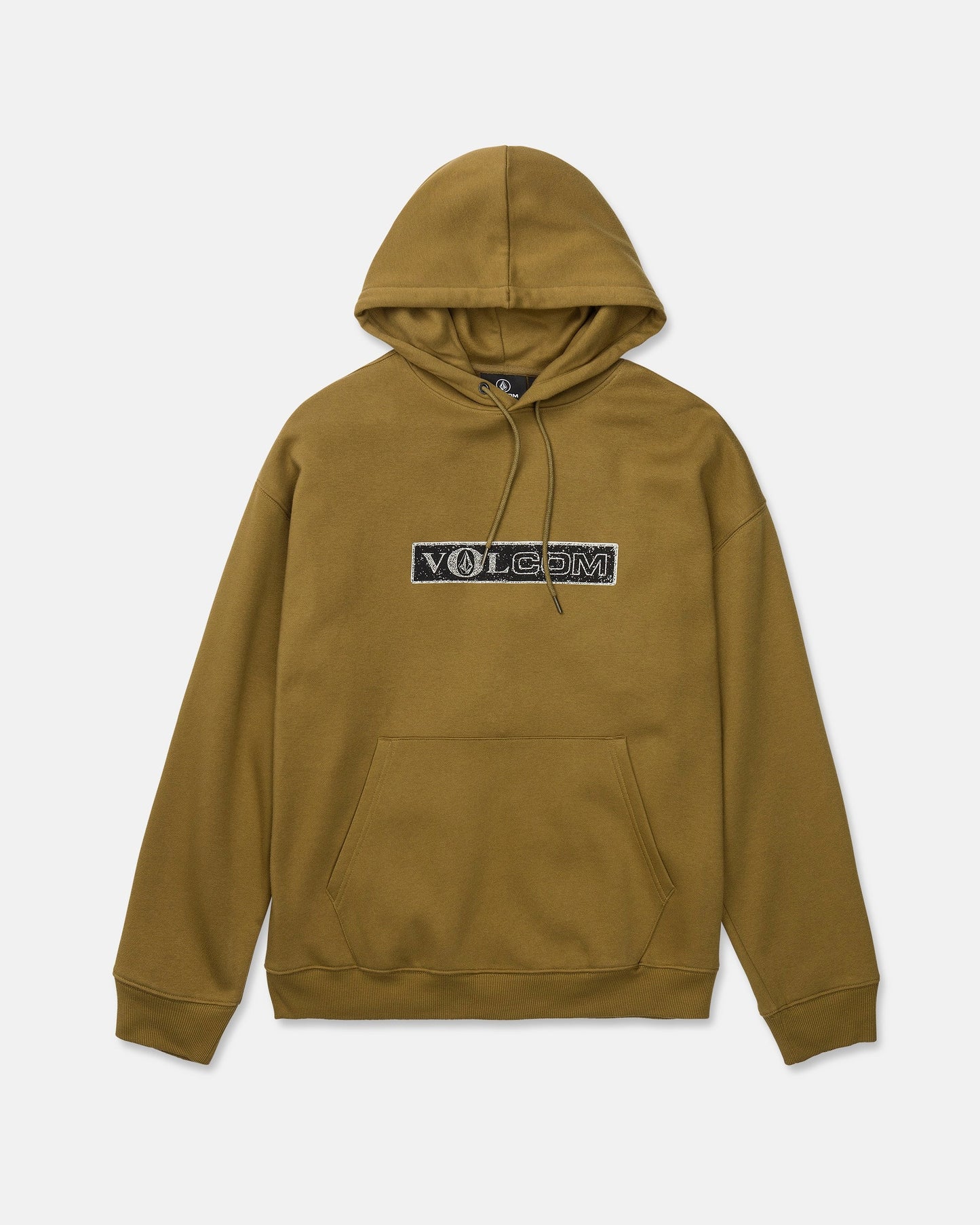 Introducing the Men's Super Stoned Pullover by Volcom: an olive green hoodie crafted from cozy brushed-back fleece, featuring a front pouch pocket and a black rectangular Volcom logo patch centered on the chest. Made with recycled polyester, this sustainable sweatshirt is displayed laid flat on a white background.
