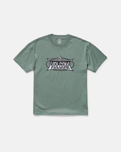 The Volcom Men's Duster Short Sleeve Tee is a green, loose-fit shirt made from heavyweight organic cotton, featuring a bold black and white stylized VOLCOM logo screen printed on the front. Displayed flat on a plain white background.