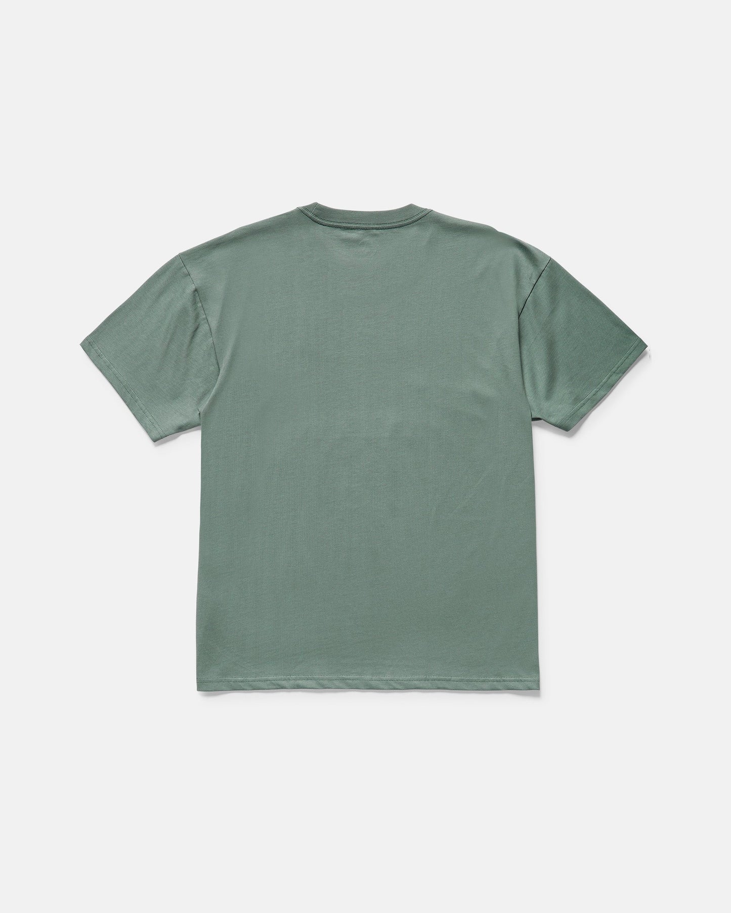 The Volcom Men's Duster Short Sleeve Tee is shown from the back, laid flat on a white background. This sage green, loose-fit tee is made from heavyweight organic cotton.