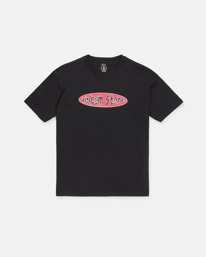Introducing the Men's Scratch Stone Short Sleeve Tee by Volcom—a loose fit black t-shirt featuring a 90's inspired Volcom Stone logo in pink and white text inside an oval design on the chest. Made from heavyweight ringspun cotton, this tee is laid flat against a white background.