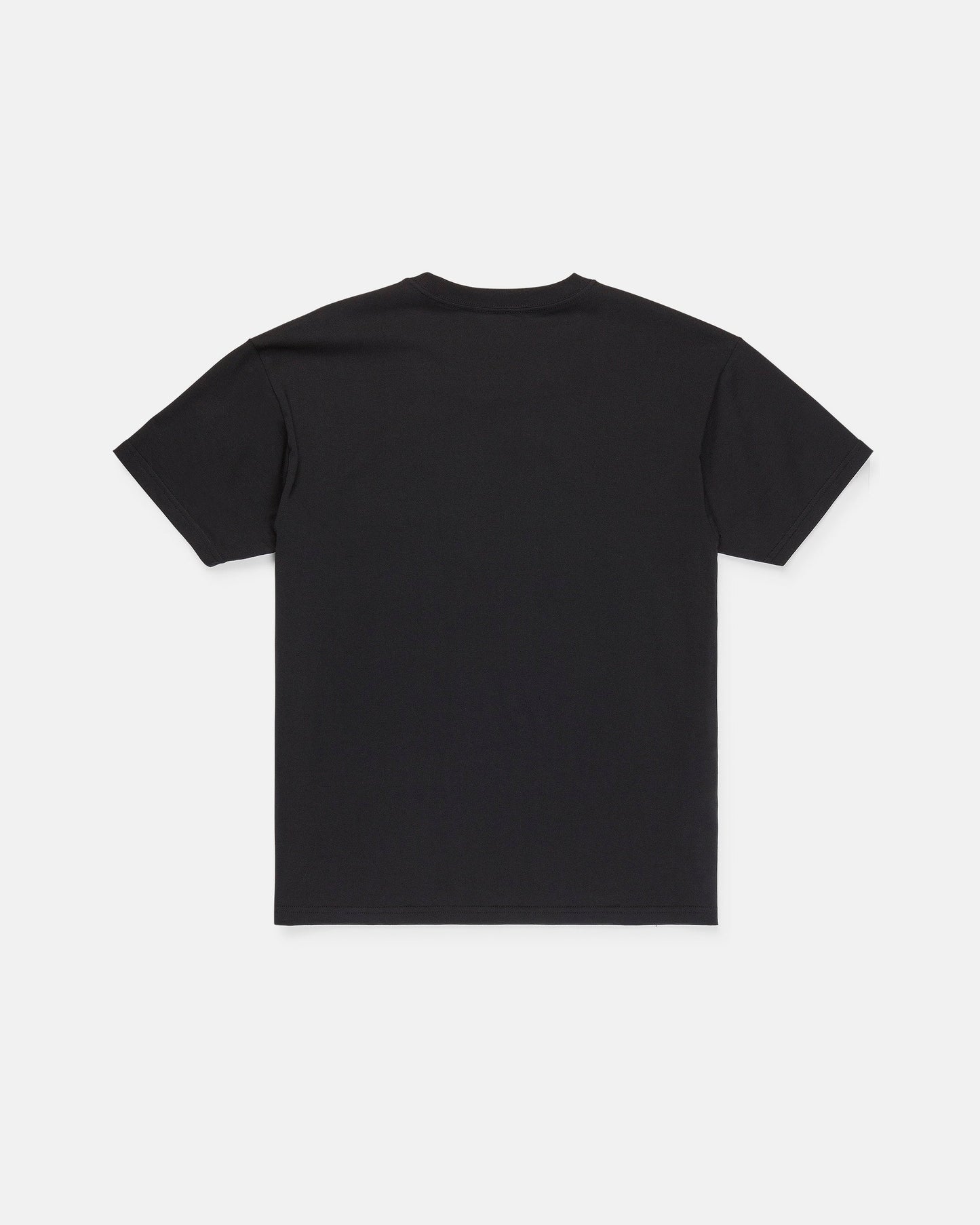 The Volcom Men's Scratch Stone Short Sleeve Tee, a plain black loose fit shirt crafted from heavyweight ringspun cotton, is laid flat with the back facing up on a white background.