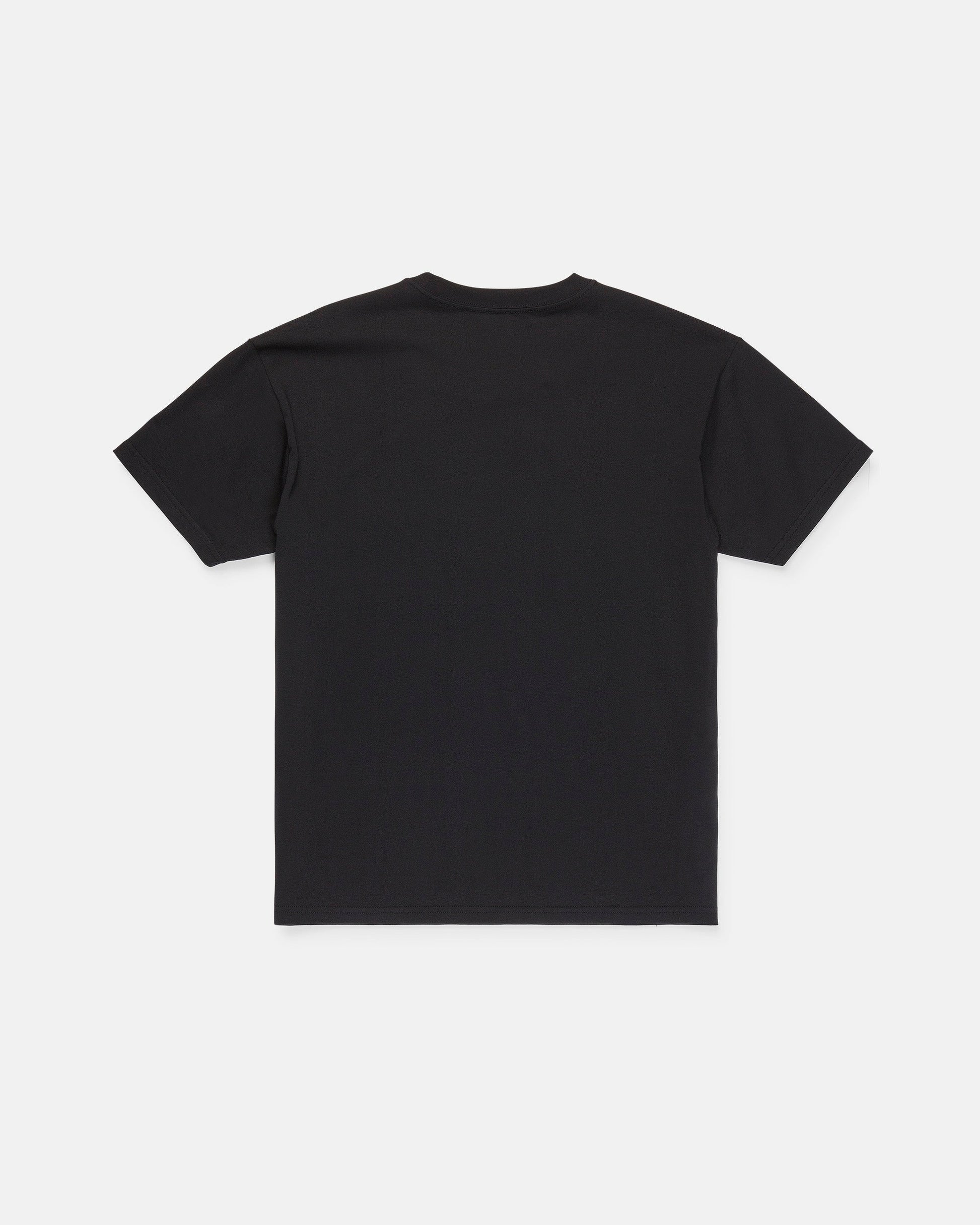 The Volcom Men's Scratch Stone Short Sleeve Tee, a plain black loose fit shirt crafted from heavyweight ringspun cotton, is laid flat with the back facing up on a white background.