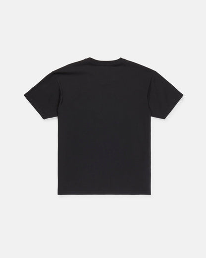 The Volcom Men's Scratch Stone Short Sleeve Tee, a plain black loose fit shirt crafted from heavyweight ringspun cotton, is laid flat with the back facing up on a white background.