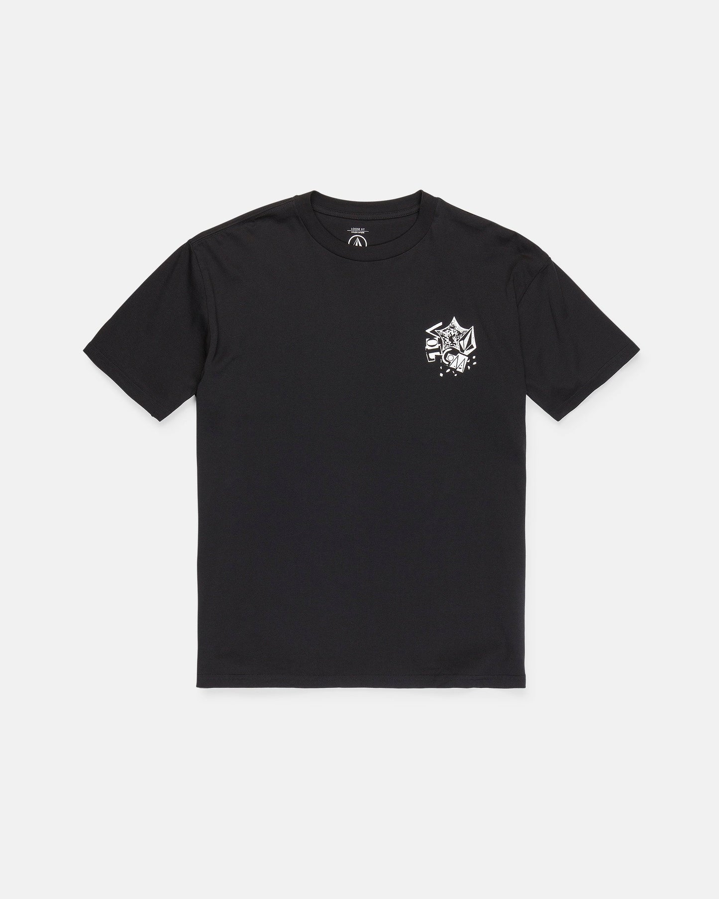 The Men's Concrete Jungle Short Sleeve Tee by Volcom is a black, heavyweight ringspun cotton t-shirt featuring a crew neck and short sleeves. It showcases an abstract white graphic with bold lines and shapes on the left chest. The tee is displayed laid flat on a white background.