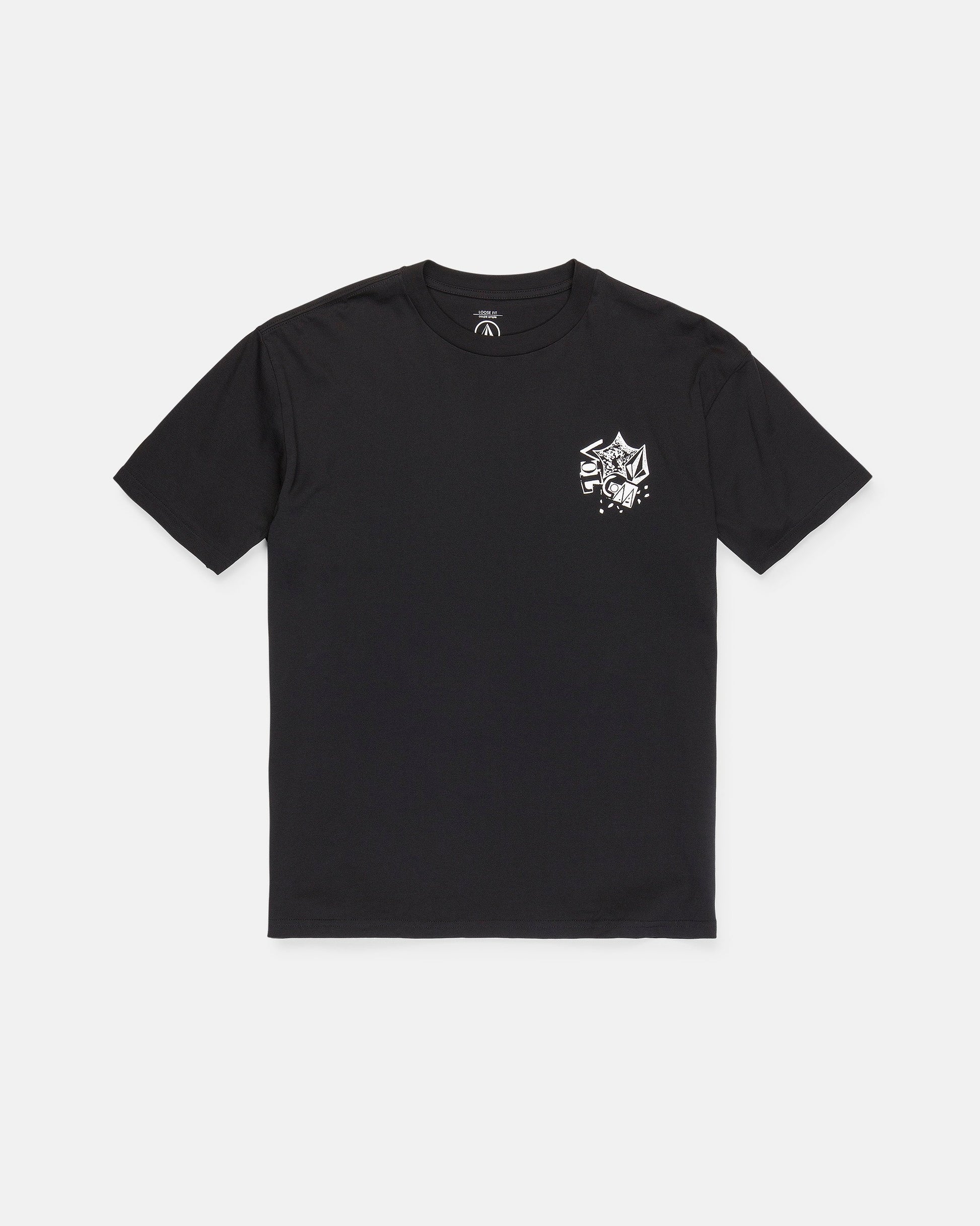 The Men's Concrete Jungle Short Sleeve Tee by Volcom is a black, heavyweight ringspun cotton t-shirt featuring a crew neck and short sleeves. It showcases an abstract white graphic with bold lines and shapes on the left chest. The tee is displayed laid flat on a white background.