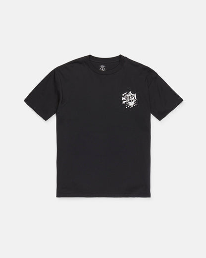 The Men's Concrete Jungle Short Sleeve Tee by Volcom is a black, heavyweight ringspun cotton t-shirt featuring a crew neck and short sleeves. It showcases an abstract white graphic with bold lines and shapes on the left chest. The tee is displayed laid flat on a white background.