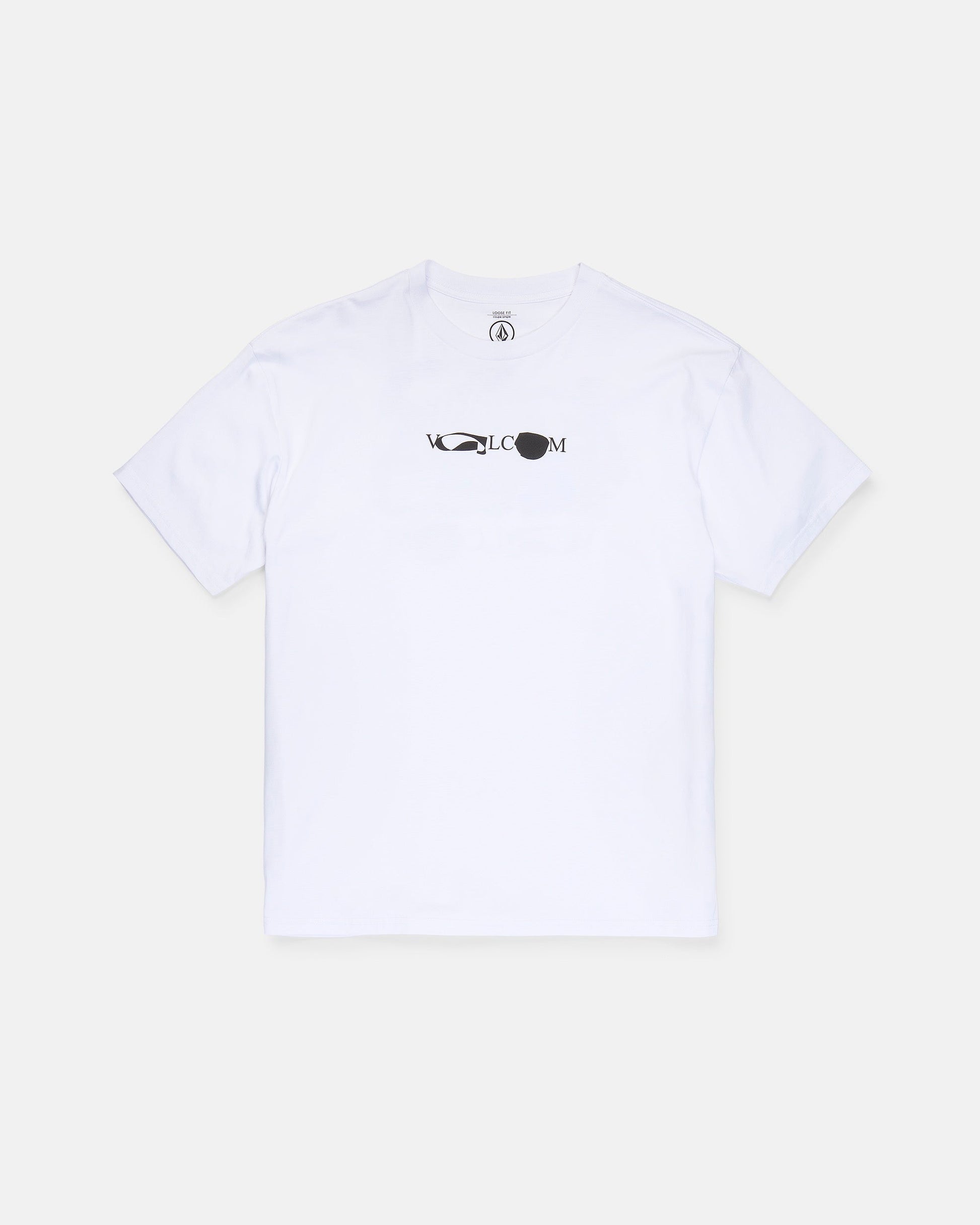 The Volcom Men's Featured Artist Head Check Short Sleeve Tee is crafted from premium ringspun cotton and showcases a black and white abstract logo with centered text on the chest. Inspired by Antonio Carrau’s distinctive style, this tee is photographed against a plain light gray background.