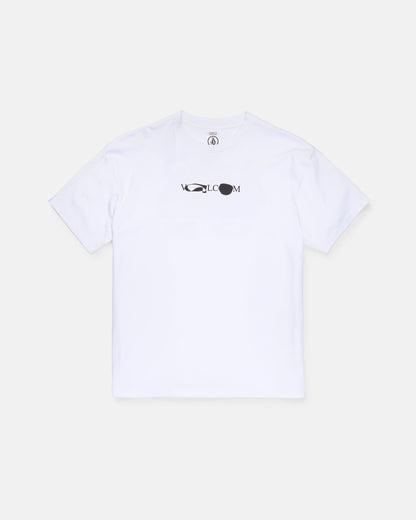 The Volcom Men's Featured Artist Head Check Short Sleeve Tee is crafted from premium ringspun cotton and showcases a black and white abstract logo with centered text on the chest. Inspired by Antonio Carrau’s distinctive style, this tee is photographed against a plain light gray background.