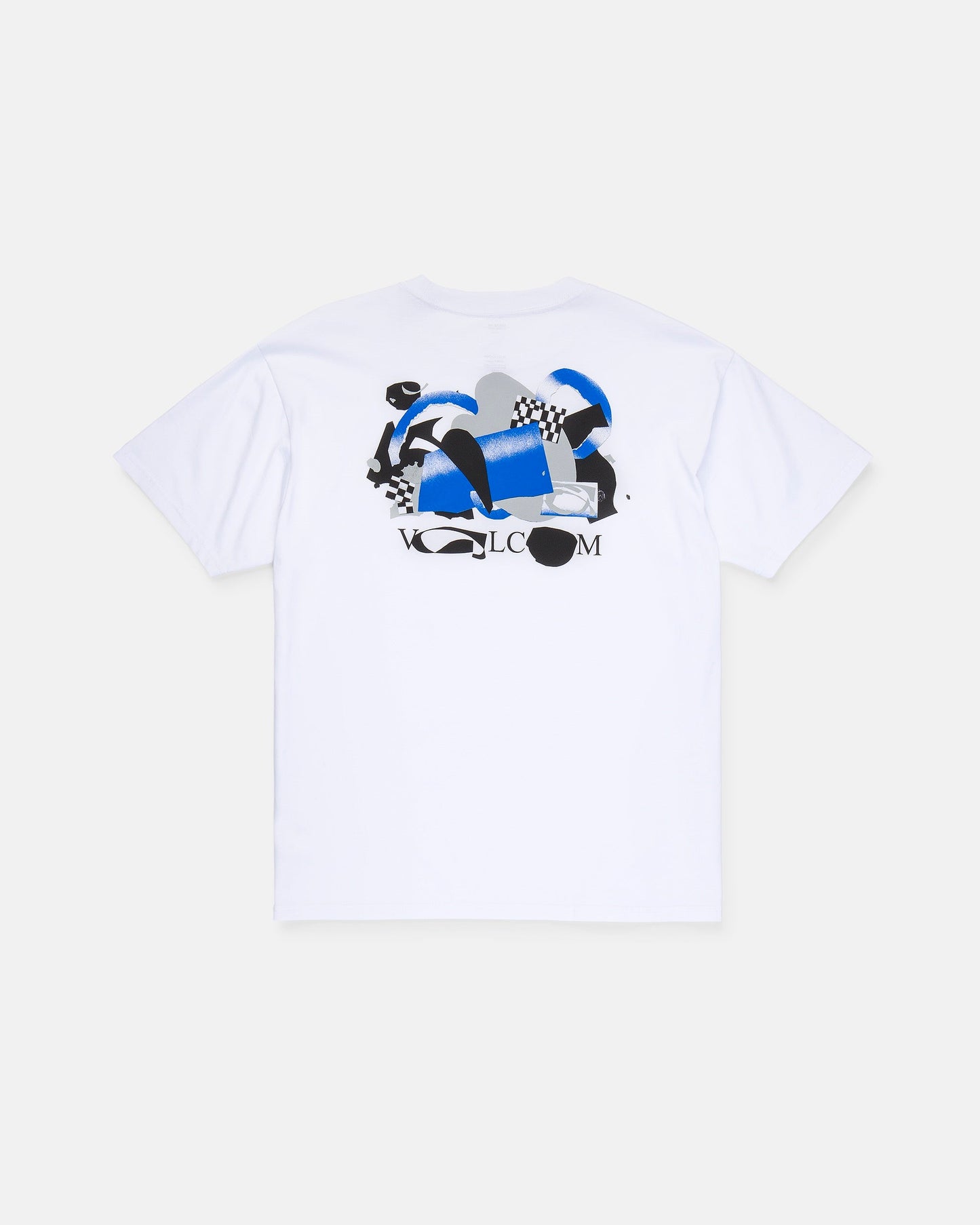 Introducing the Men’s Featured Artist Head Check Short Sleeve Tee by Volcom. This premium ringspun cotton shirt features an abstract blue, black, and gray graphic with checkered patterns on the back and "VOLCOM" in black text beneath the design. Showcasing exclusive artwork by Antonio Carrau as part of our Featured Artist Tee collection, it offers a truly unique and stylish look.