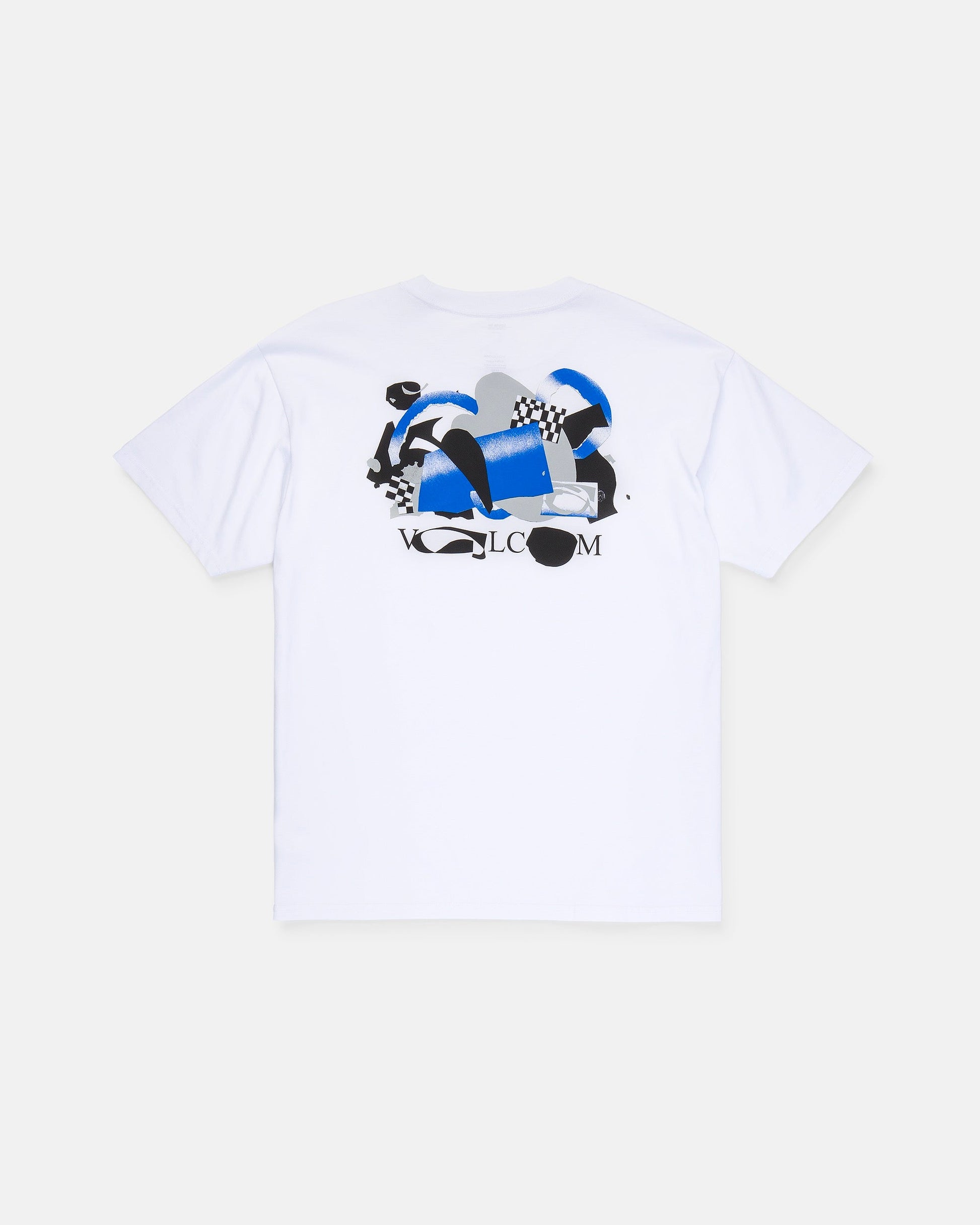 Introducing the Men’s Featured Artist Head Check Short Sleeve Tee by Volcom. This premium ringspun cotton shirt features an abstract blue, black, and gray graphic with checkered patterns on the back and "VOLCOM" in black text beneath the design. Showcasing exclusive artwork by Antonio Carrau as part of our Featured Artist Tee collection, it offers a truly unique and stylish look.