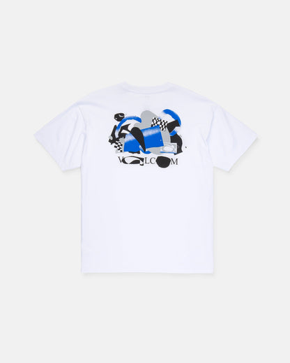 Introducing the Men’s Featured Artist Head Check Short Sleeve Tee by Volcom. This premium ringspun cotton shirt features an abstract blue, black, and gray graphic with checkered patterns on the back and "VOLCOM" in black text beneath the design. Showcasing exclusive artwork by Antonio Carrau as part of our Featured Artist Tee collection, it offers a truly unique and stylish look.