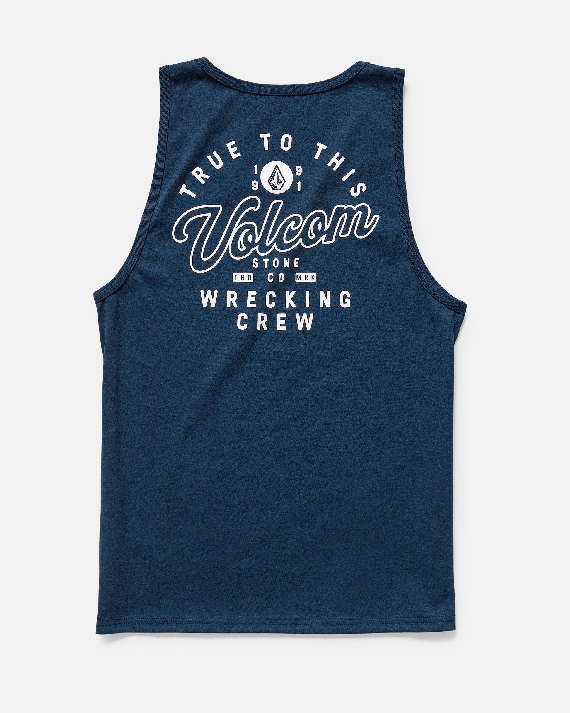 The Men's Wrecking Tank by Volcom is navy blue, made from 100% cotton in a classic fit. It features white "True To This, Volcom Stone Co. Wrecking Crew" text on the back and a small geometric logo above "Volcom.