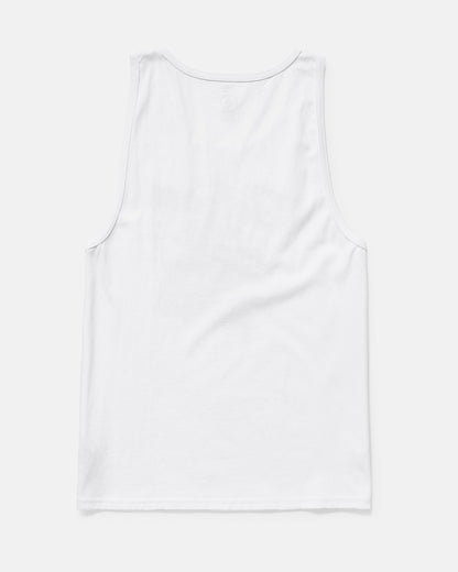 The Volcom Men's Serve Stoked Tank from the Froth of July collection is a plain white sleeveless top in a classic fit, shown from the back and laid flat on a light gray background.