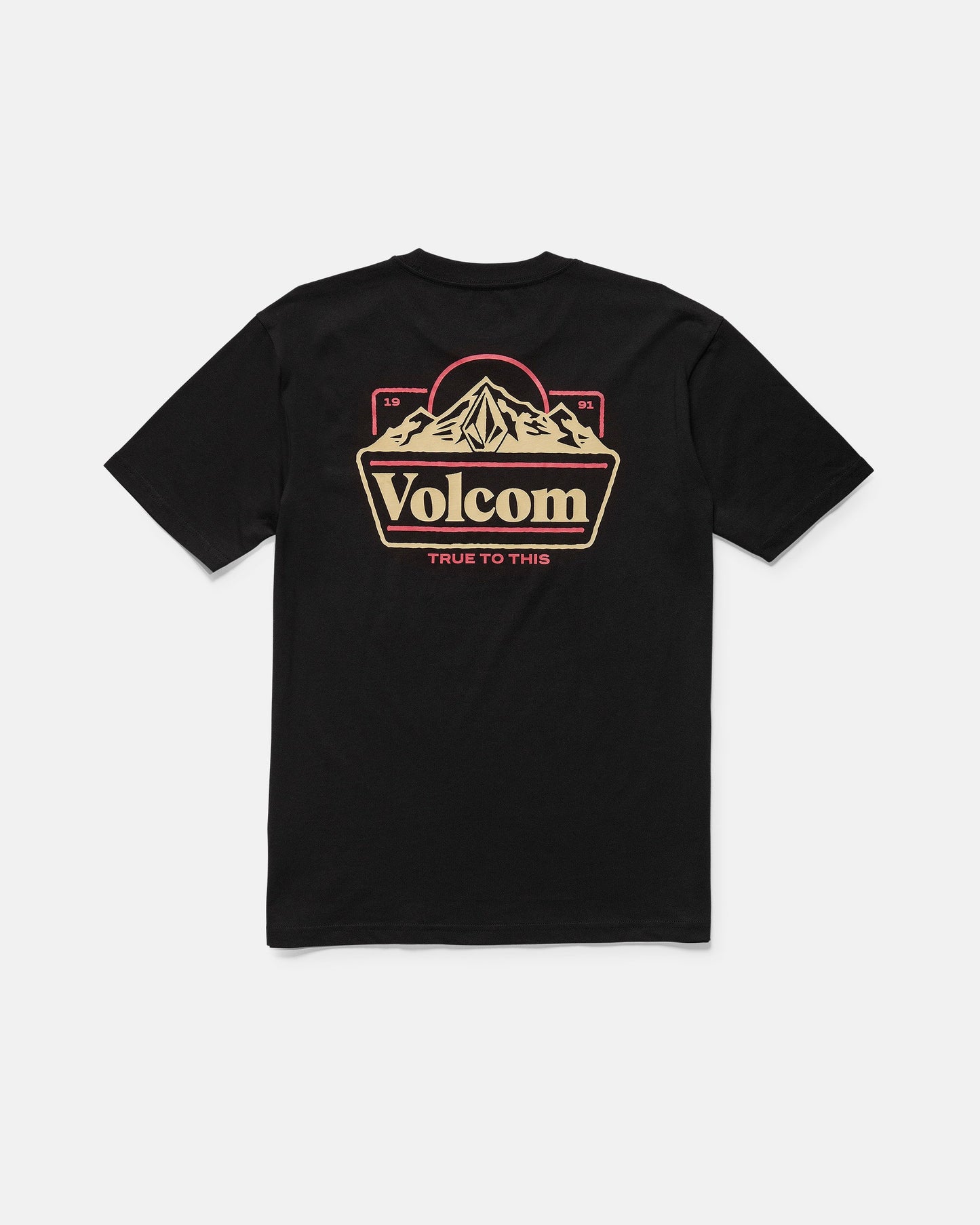 The Men's Topas Short Sleeve Tee by Volcom is a black classic-fit tee featuring a large mountain graphic with bold tan and red "Volcom" text and "True To This" on the back.