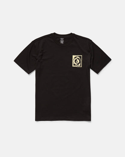 The Volcom Men's Burner Short Sleeve Tee is a classic fit black organic cotton t-shirt with a small rectangular beige graphic featuring a black spade on the left chest, shown flat on a white background.