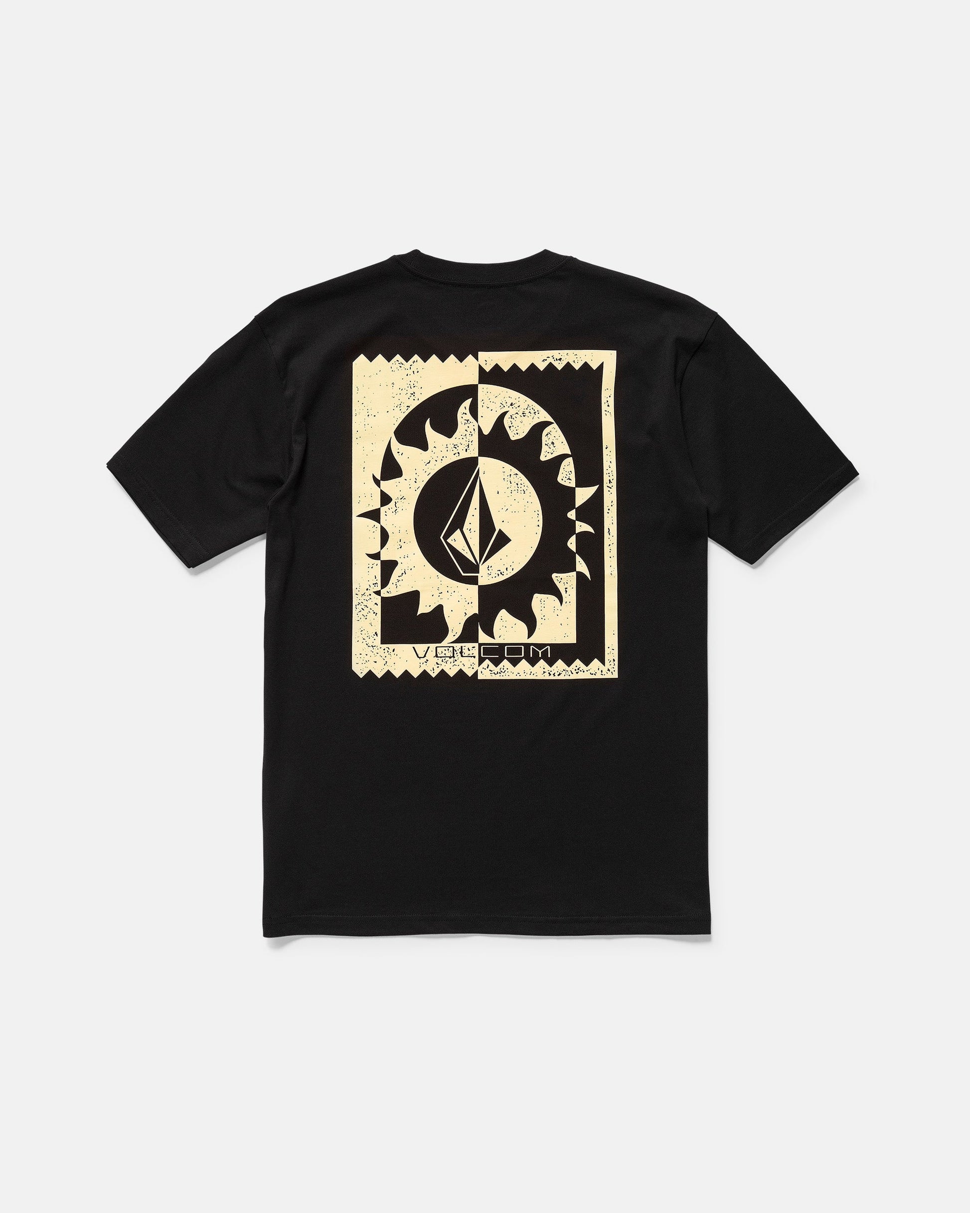 The Volcom Men's Burner Short Sleeve Tee is a black organic cotton classic-fit t-shirt with short sleeves, featuring a large beige sun and moon geometric graphic with textured details on the back.