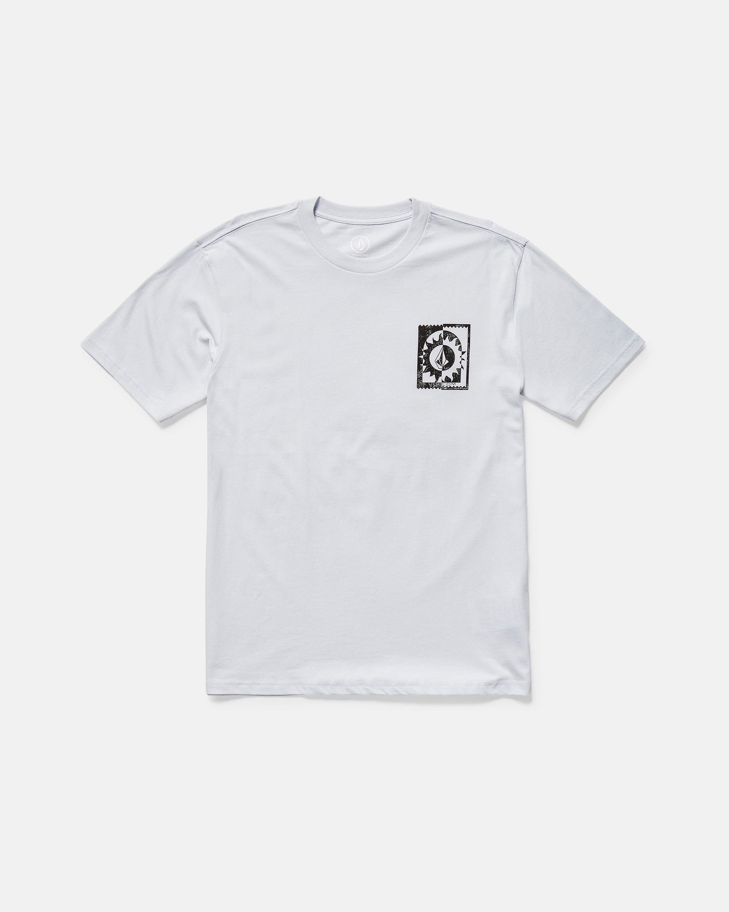 The Volcom Men's Burner Short Sleeve Tee is a classic fit, organic cotton white tee with a soft-hand screen printed black-and-white flame patch on the left chest, offering timeless comfort and style.